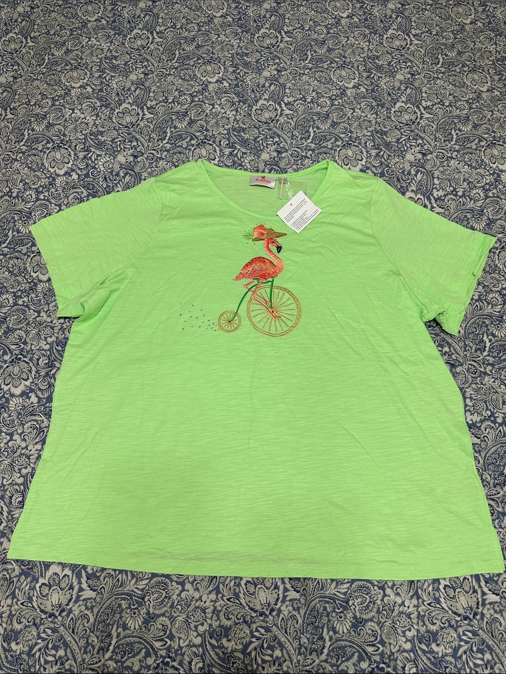 Quacker Factory Lime Green Tee with Flamingo Bicycle Embroidery